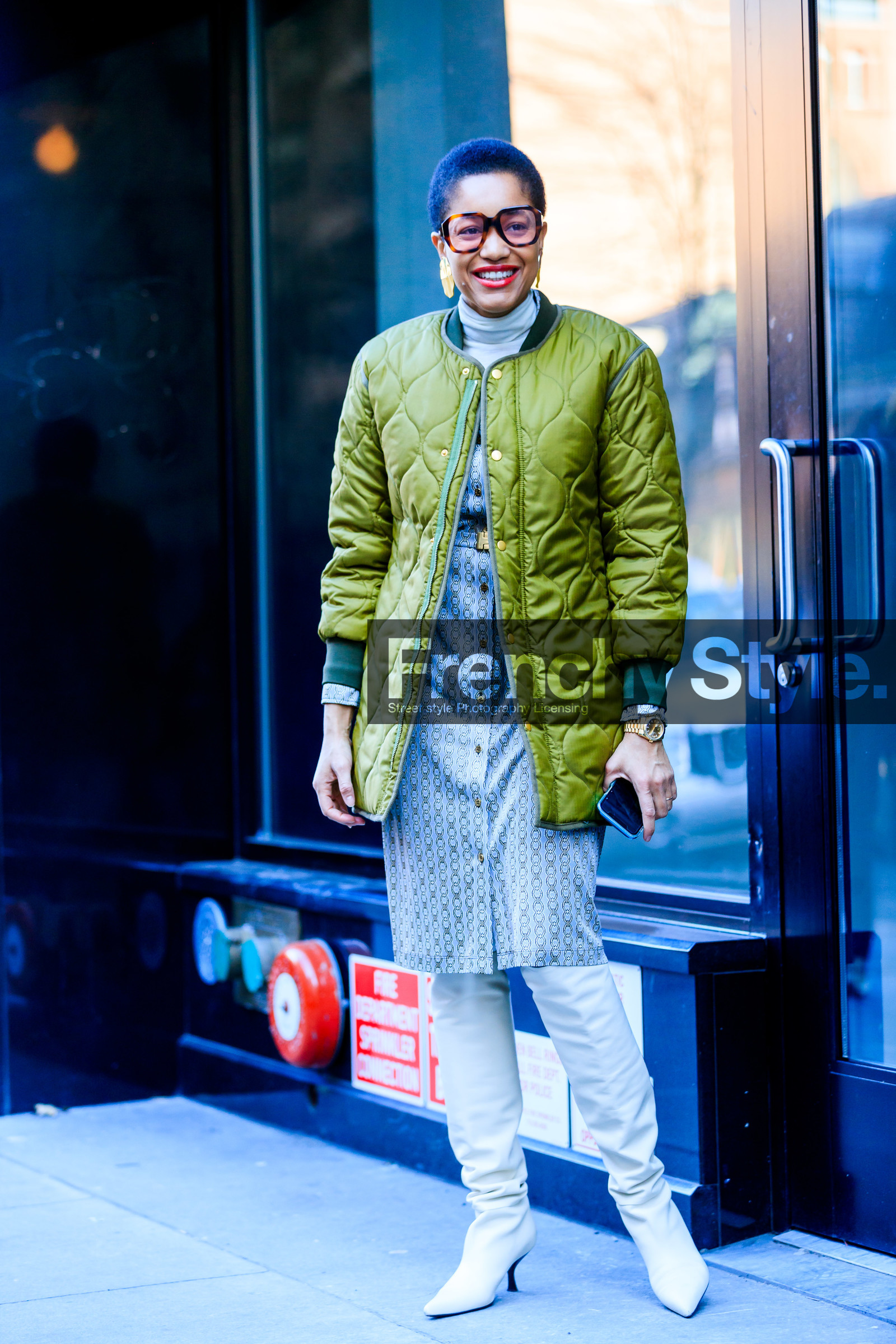 blue dress, bomber jacket, earrings, graphic dress, green jacket, high boots, high heels, leather shoes, printed dress, red lips, short hair, sunglasses, tamu mcpherson, watch, white boots, street style, jonathan paciullo, frenchystyle, NYFW, NEW YORK, AUTUMN WINTER 2019-2020, AW 19-20, FALL WINTER 2019-2020, FW 19-20, fashion week, FW, vertical, full length