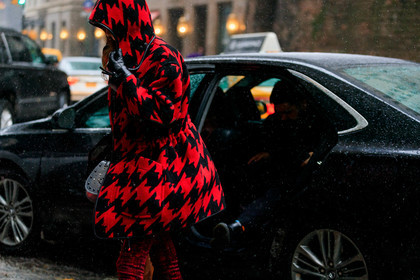 black gloves, checked, graphic jacket, hood, houndstooth pattern, leather gloves, plaid, printed jacket, red coat, street style, jonathan paciullo, frenchystyle, NYFW, NEW YORK, AUTUMN WINTER 2019-2020, AW 19-20, FALL WINTER 2019-2020, FW 19-20, FW, fashion week, atmosphere details, horizontal, detail