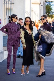 Amina Muaddi, bicolor, black and white bag, black dress, black heels, dress, flower, flower print, fur coat, Gilda Ambrosio, Giorgia Tordini, green bag, jacquard, jumpsuit, knitted dress, mules, pink bag, prada bag, prada look, printed bag, printed jumpsuit, purple heels, purple turtleneck, sandals, shoes, smartphone, sunglasses, transparent shoes, transparent sunglasses, turtleneck, fashion week, frenchystyle, FW, jonathan paciullo, street style, SPRING SUMMER 2022, SS 22, MFW, MILAN, vertical, full length