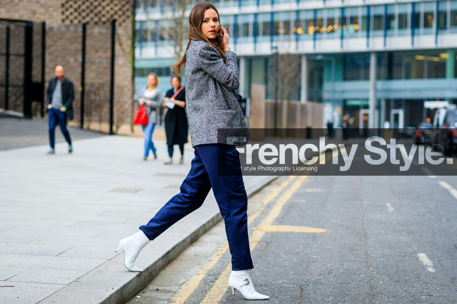 atmosphere details, AUTUMN WINTER 2017-2018, AW 17-18, balenciaga, blazer, blue jumpsuit, earrings, FALL WINTER 2017-2018, fashion week, florrie thomas, frenchystyle, full length, FW, FW 17-18, grey jacket, high heels, horizontal, jonathan paciullo, leather shoes, LFW, LONDON, louis vuitton, street style, trousers, white shoes