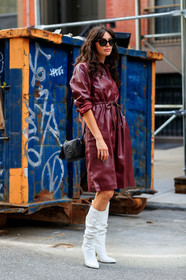 black bag, bordeaux, burgundy, gucci, high boots, high heels, leather bag, leather dress, leather shoes, red dress, sunglasses, white shoes, street style, jonathan paciullo, FW, frenchystyle, fashion week, NEW YORK, NYFW, SPRING SUMMER 2020, SS 20, vertical, full length