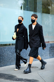 alice barbier, alice & j.s, JS roques, black leather pants, black leather boots, black leather belt, animal skin pants, flare pants, belted jacket, turtleneck pullover, black pullover, low necked jacket, low necked pullover, openwork pullover, white leather clutch, white leather boots, oversize jacket, black jacket, black bermuda shorts, black socks, supreme socks, low boots, flat boots, big sole boots, covid face mask, fashion week, frenchystyle, FW, jonathan paciullo, street style, PFW, PARIS, SPRING SUMMER 2021, SS 21, vertical, full length