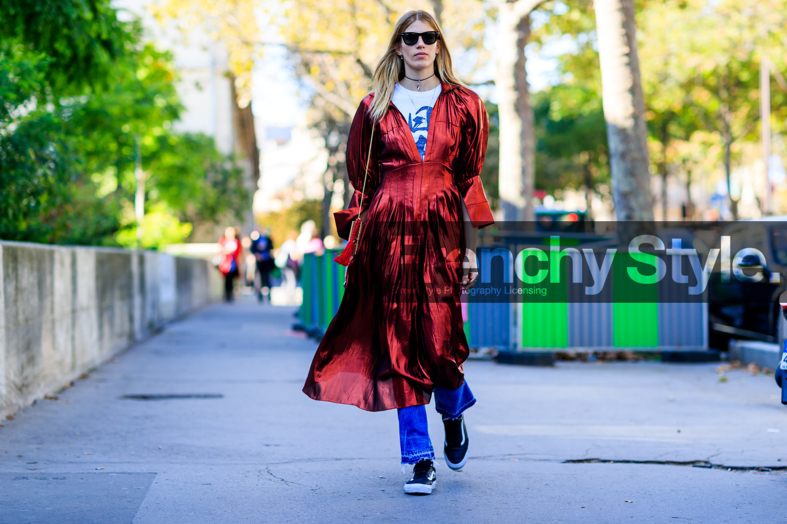 atmosphere details, black sneakers, blue denim, choker, denim pants, fashion week, frenchystyle, full length, FW, horizontal, jeans, jonathan paciullo, leather shoes, leather sneakers, necklace, PARIS, PFW, red dress, shiny dress, SPRING SUMMER 2017, SS 17, street style, sunglasses, trousers, vans, veronika heilbrunner, white t shirt