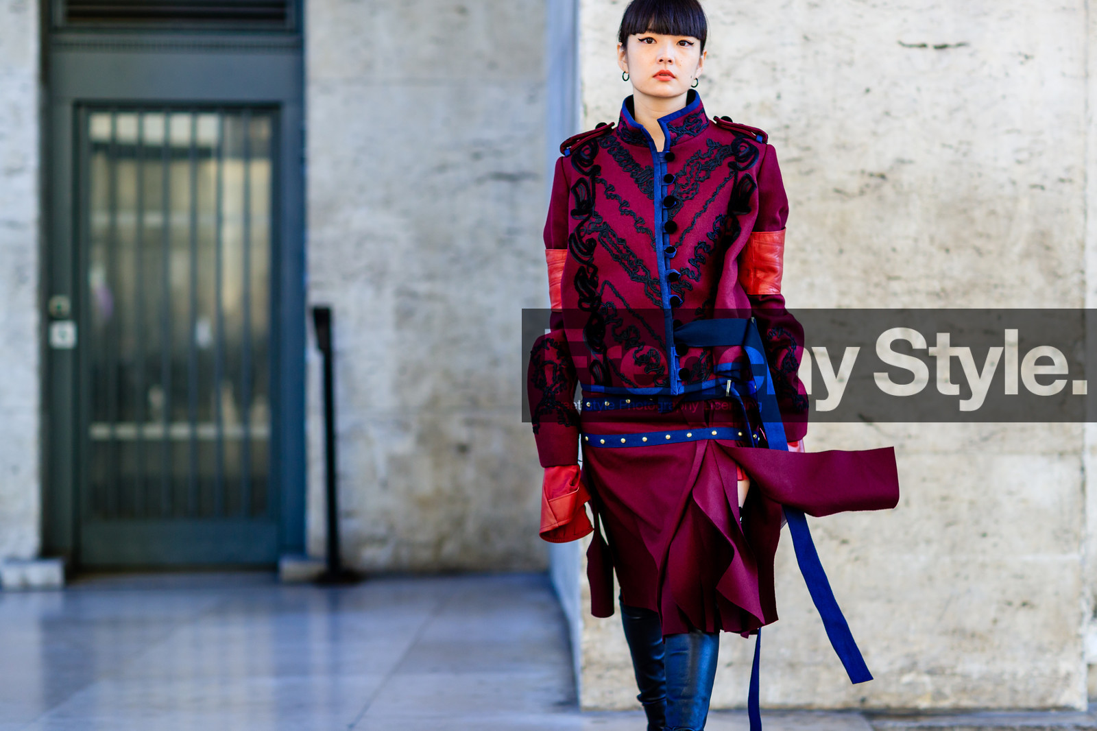 atmosphere details, black boots, bordeaux, burgundy, detail, embroidered jacket, embroideries, fashion week, frenchystyle, FW, high boots, horizontal, jonathan paciullo, kozue akimoto, PARIS, PFW, red jacket, red skirt, sacai, SPRING SUMMER 2017, SS 17, street style