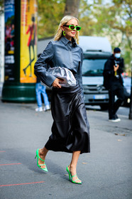 leonie hanne, black leather skirt, grey leather shirt, silver clutch, bottega veneta bag, neon green sunglasses, scale sunglasses, futurist shape sunglasses, fenty sunglasses, neon green earrings, round shape earrings, dangling earrings, long skirt, neon green sandals, fashion week, frenchystyle, FW, jonathan paciullo, street style, PFW, PARIS, SPRING SUMMER 2021, SS 21, vertical, full length