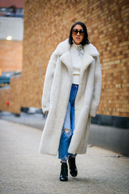 black shoes, blue denim, denim pants, Fur coat, jeans, leather shoes, printed sweater, shearling, sunglasses, trousers, white coat, white fur, white sweater, street style, jonathan paciullo, FW, frenchystyle, fashion week, NYFW, NEW YORK, AUTUMN WINTER 2018-2019, AW 18-19, FALL WINTER 2018-2019, FW 18-19, vertical, full length, eva chen