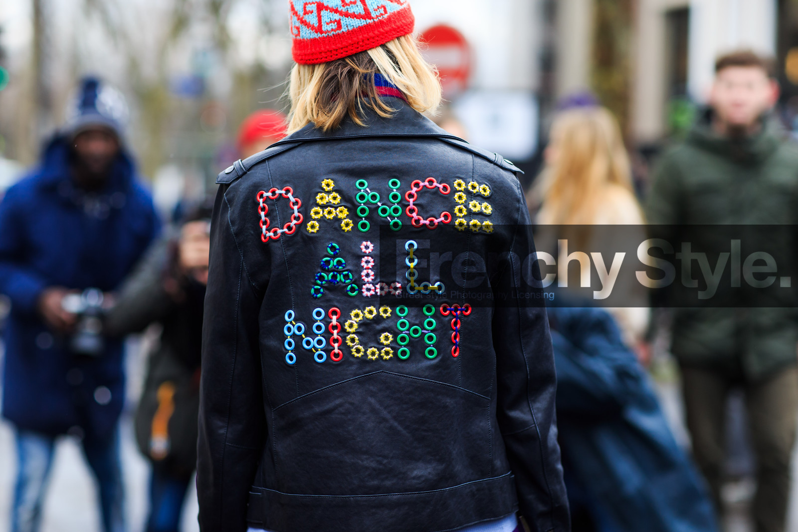 atmosphere details, AUTUMN WINTER 2016-2017, AW 16-17, back detail, black jacket, black perfecto, detail, elisa nalin, embroidered jacket, embroideries, FALL WINTER 2016-2017, fashion week, frenchystyle, FW, FW 16-17, horizontal, jonathan paciullo, leather jacket, leather perfecto, message, PARIS, PFW, printed jacket, red beanie, street style