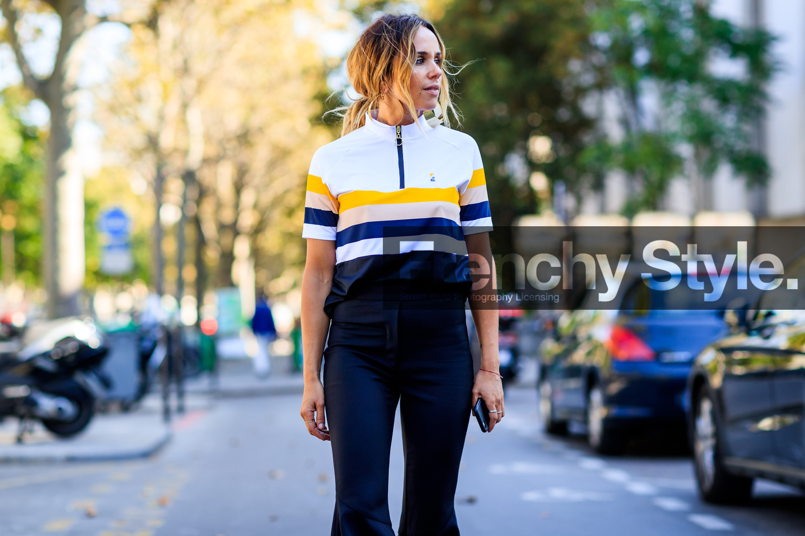atmosphere details, black pants, detail, fashion week, flare pants, frenchystyle, FW, graphic top, horizontal, jonathan paciullo, PARIS, PFW, printed top, SPRING SUMMER 2017, SS 17, street style, striped polo, trousers, white polo