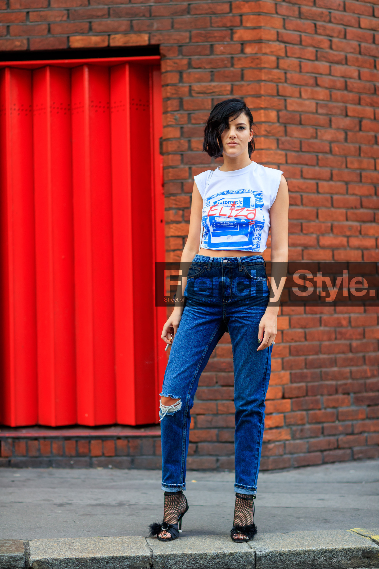 black shoes, blue denim, denim pants, fashion week, frenchystyle, full length, FW, high heels, jeans, jonathan paciullo, leather shoes, LFW, LONDON, model, printed shirt, SPRING SUMMER 2018, SS 18, street style, trousers, vertical, white t shirt