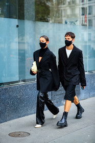 alice barbier, alice & j.s, JS roques, black leather pants, black leather boots, black leather belt, animal skin pants, flare pants, belted jacket, turtleneck pullover, black pullover, low necked jacket, low necked pullover, openwork pullover, white leather clutch, white leather boots, oversize jacket, black jacket, black bermuda shorts, black socks, supreme socks, low boots, flat boots, big sole boots, covid face mask, fashion week, frenchystyle, FW, jonathan paciullo, street style, PFW, PARIS, SPRING SUMMER 2021, SS 21, vertical, full length