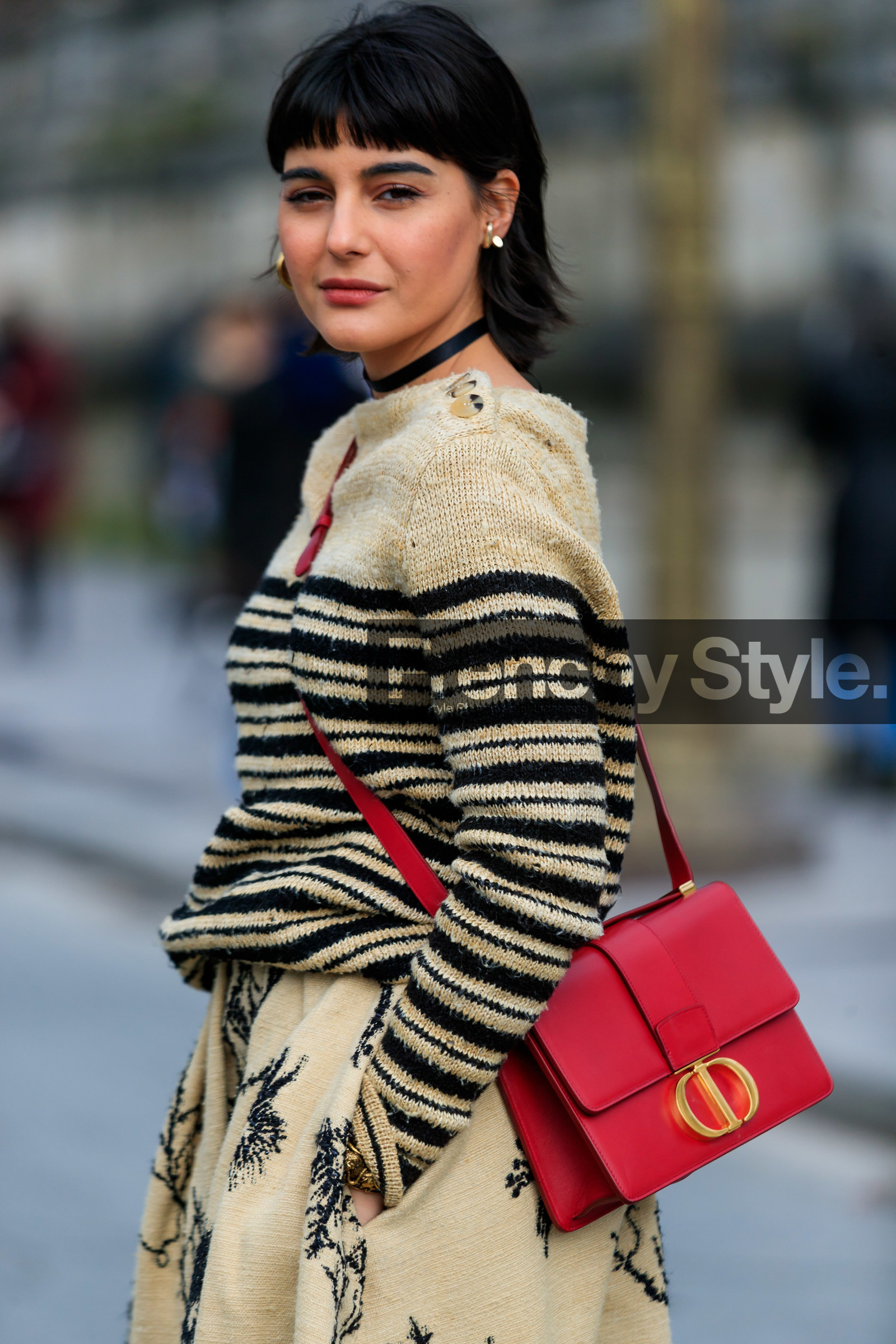 maria bernad, beige skirt, beige pullover, long skirt, striped pullover, black skirt, black pullover, floral printed skirt, dior bag, dior pullover, dior skirt, dior total look, crossbody bag, red leather bag, 30 montaigne bag, close up detail, bag detail, fashion week, frenchystyle, FW, jonathan paciullo, street style, PFW, PARIS, AUTUMN WINTER 2020-2021, FALL WINTER 2020-2021, FW 20-21, vertical, atmosphere details, detail