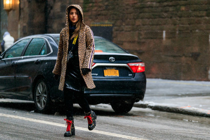 animal print, black and white bag, black bag, black shoes, black skirt, brown jacket, graphic jacket, high heels, hood, leather bag, leather shoes, leather skirt, leopard, off white, printed jacket, striped bag, tights, street style, jonathan paciullo, frenchystyle, NYFW, NEW YORK, AUTUMN WINTER 2019-2020, AW 19-20, FALL WINTER 2019-2020, FW 19-20, FW, fashion week, atmosphere details, horizontal, full length