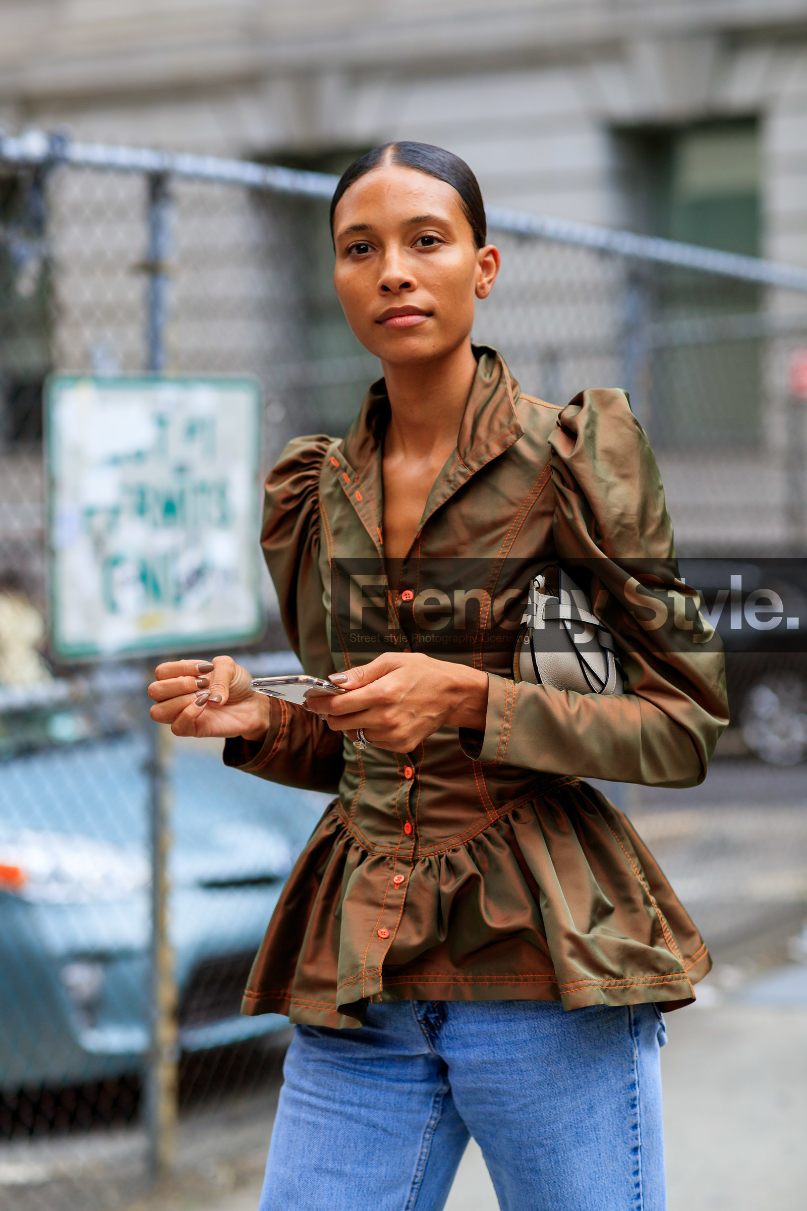 blue denim, brown jacket, denim pants, jeans, leather bag, loewe, trousers, white bag, street style, jonathan paciullo, FW, frenchystyle, fashion week, NEW YORK, NYFW, SPRING SUMMER 2020, SS 20, vertical, detail, atmosphere details