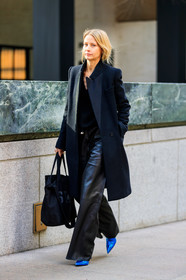 black bag, black coat, black jacket, black pants, blue shoes, leather bag, leather pants, leather shoes, trousers, street style, jonathan paciullo, FW, frenchystyle, fashion week, NYFW, NEW YORK, AUTUMN WINTER 2018-2019, AW 18-19, FALL WINTER 2018-2019, FW 18-19, vertical, full length, holly rodgers