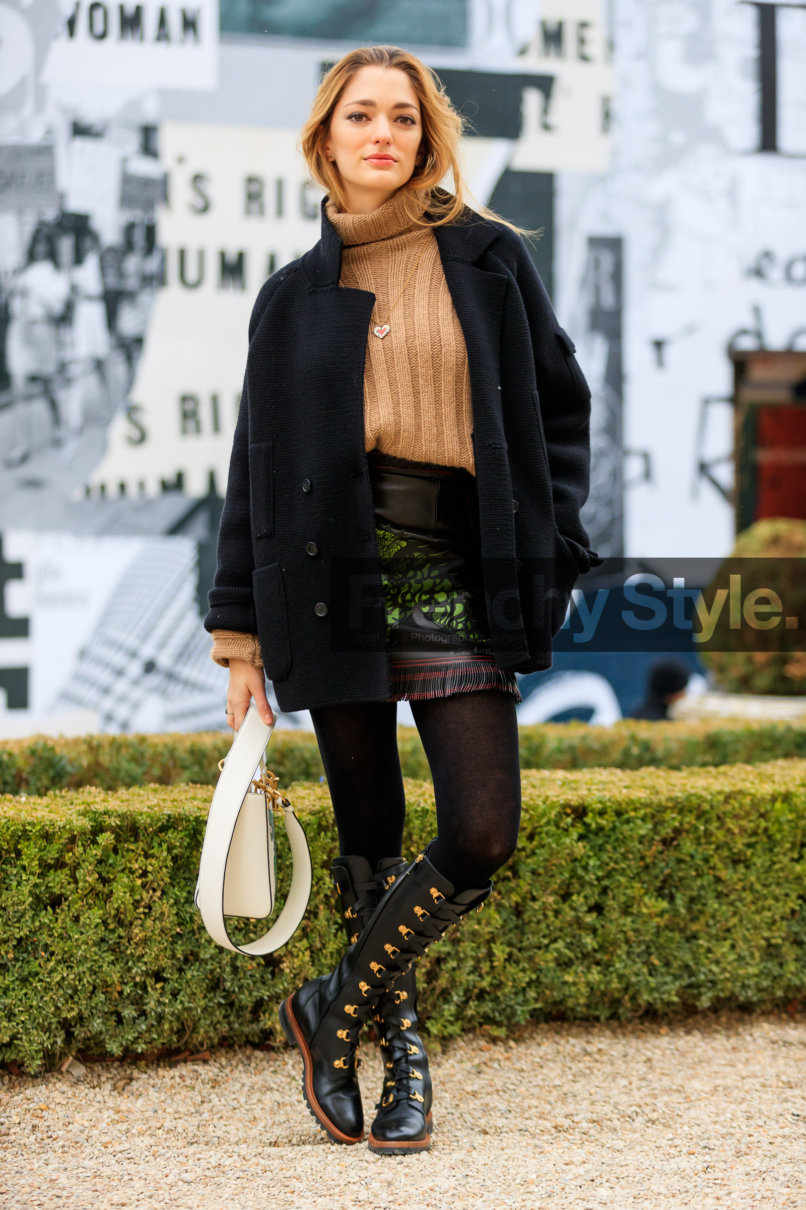 black jacket, black shoes, black skirt, camel knit, graphic skirt, high boots, leather bag, leather shoes, leather skirt, printed skirt, white bag, fashion week, frenchystyle, FW, jonathan paciullo, street style, PFW, PARIS, AUTUMN WINTER 2018-2019, FALL WINTER 2018-2019, FW 18-19, vertical, full length, sofia sanchez barrenechea, sofia sanchez de betak
