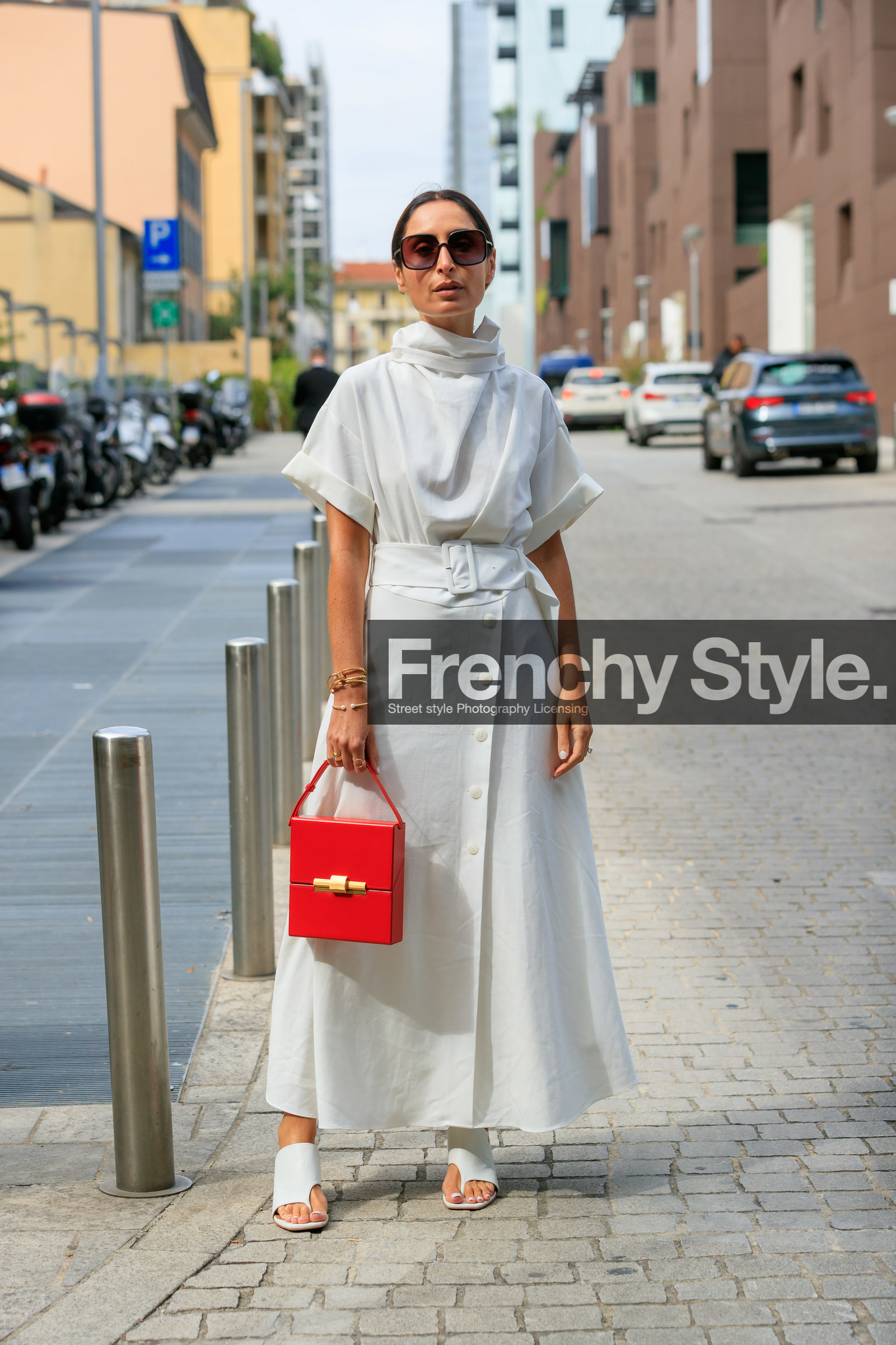 geraldine boublil, white dress, white total look, white leather shoes, high collar dress, drape dress, belted dress, short sleeves dress, long dress, button dress, red leather bag, hand bag, square shape bag, square shape glasses, fashion week, frenchystyle, FW, jonathan paciullo, street style, vertical, full length, MFW, MILAN, SPRING SUMMER 2020, SS 20