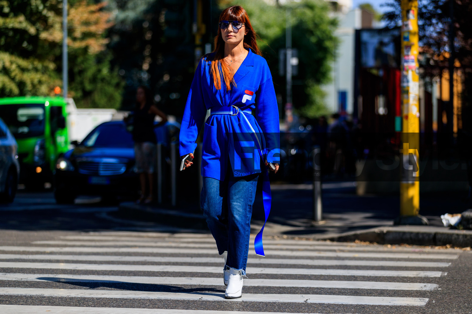 blue denim, blue jacket, denim pants, fila, jeans, leather shoes, sunglasses, trousers, white boots, street style, jonathan paciullo, FW, frenchystyle, fashion week, MFW, MILAN, SPRING SUMMER 2019, SS 19, atmosphere details, horizontal, full length