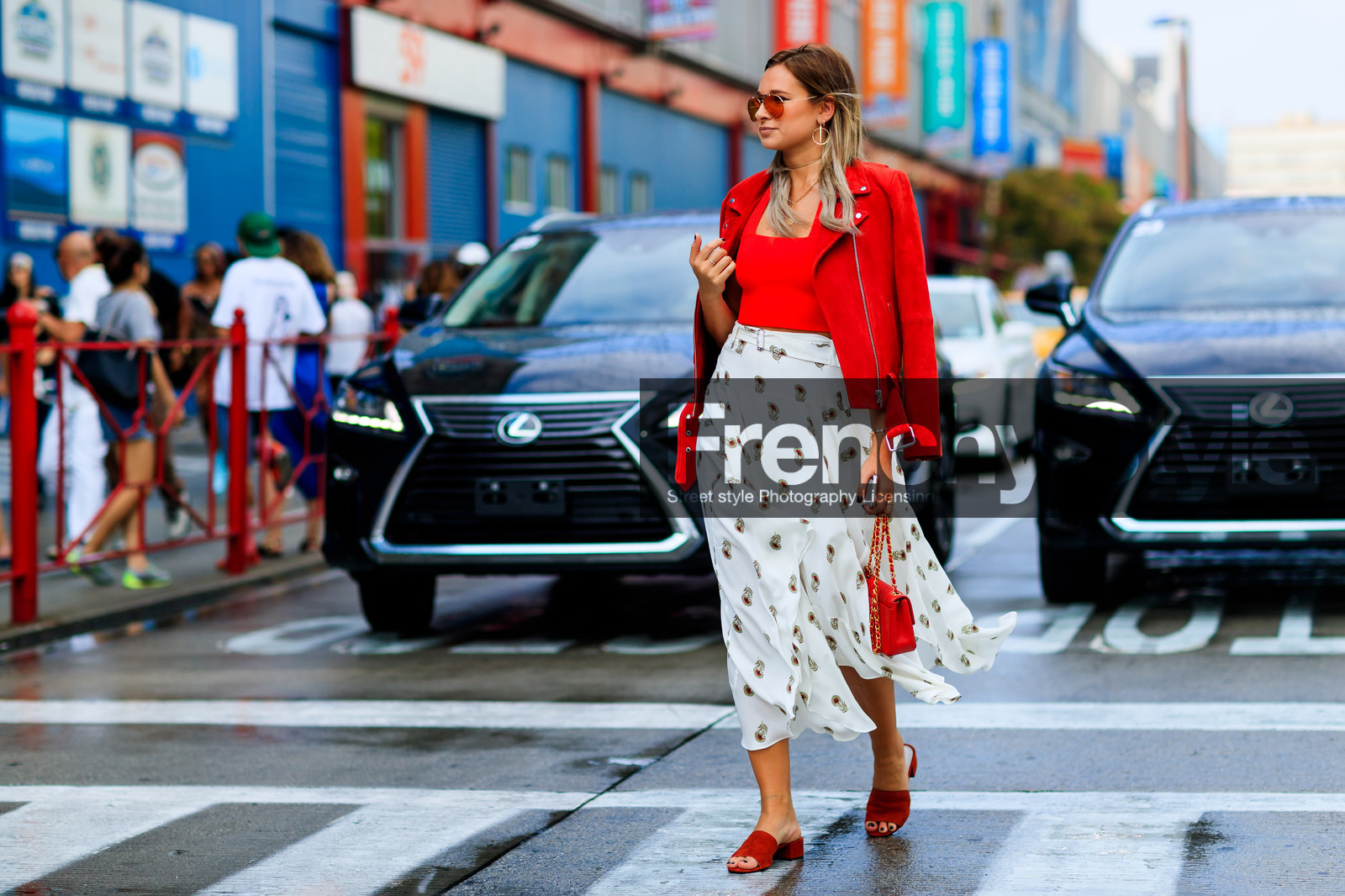 alc, atmosphere details, chanel, danielle bernstein, fashion week, frenchystyle, full length, FW, horizontal, jonathan paciullo, leather bag, leather jacket, leather perfecto, NEW YORK, NYFW, over the shoulder, printed skirt, red bag, red jacket, red sandals, red shoes, red top, SPRING SUMMER 2017, SS 17, street style, suede shoes, sunglasses, white skirt, woman