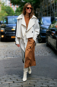 bicolor skirt, brown skirt, camel knit, darja barannik, graphic skirt, high boots, high heels, leather shoes, necklace, printed skirt, sunglasses, white jacket, white shoes, white skirt, street style, jonathan paciullo, FW, frenchystyle, fashion week, NEW YORK, NYFW, SPRING SUMMER 2020, SS 20, vertical, full length