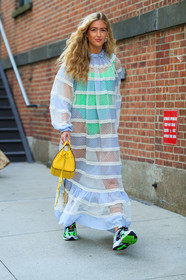 checked, emili sindlev, graphic dress, graphic shoes, green swimsuit, lace, layers, leather shoes, plaid, printed dress, printed shoes, ruffles, see through, sneakers, white dress, yellow bag, street style, jonathan paciullo, FW, frenchystyle, fashion week, NEW YORK, NYFW, SPRING SUMMER 2020, SS 20, vertical, full length