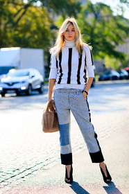 black and white, black shoes, brown bag, brown fur, camille charriere, denim pants, fashion week, frenchystyle, full length, fur bag, FW, geometric, graphic sweater, grey denim, high heels, jeans, jonathan paciullo, leather shoes, PARIS, PFW, SPRING SUMMER 2017, SS 17, street style, striped sweater, stripes, trousers, vertical, white sweater