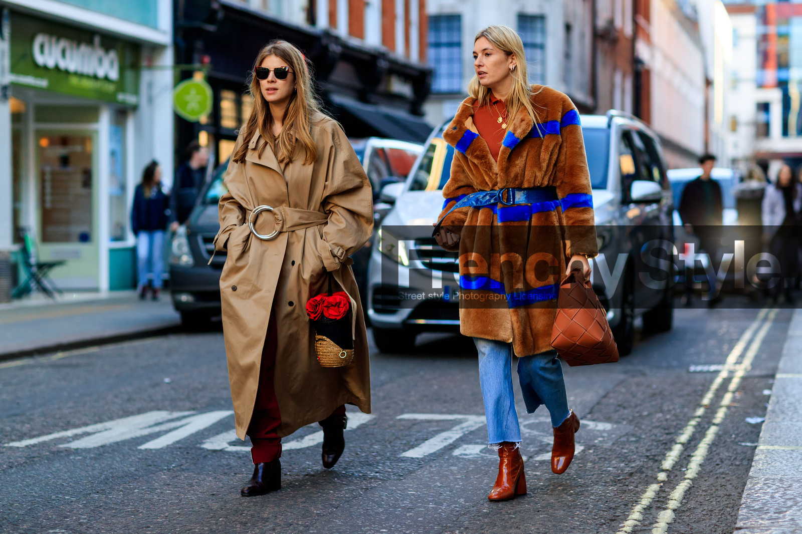 blue belt, blue denim, brown bag, brown boots, brown fur, denim pants, graphic jacket, high heels, jeans, leather bag, leather belt, leather shoes, loewe, printed jacket, striped jacket, trousers, basket, beige coat, black bag, flowers, leather bag, oversize, sunglasses, trench coat, black shoes, street style, jonathan paciullo, FW, frenchystyle, fashion week, LFW, LONDON, AUTUMN WINTER 2018-2019, AW 18-19, FALL WINTER 2018-2019, FW 18-19, horizontal, atmosphere details, full length, monica ainley, camille charriere