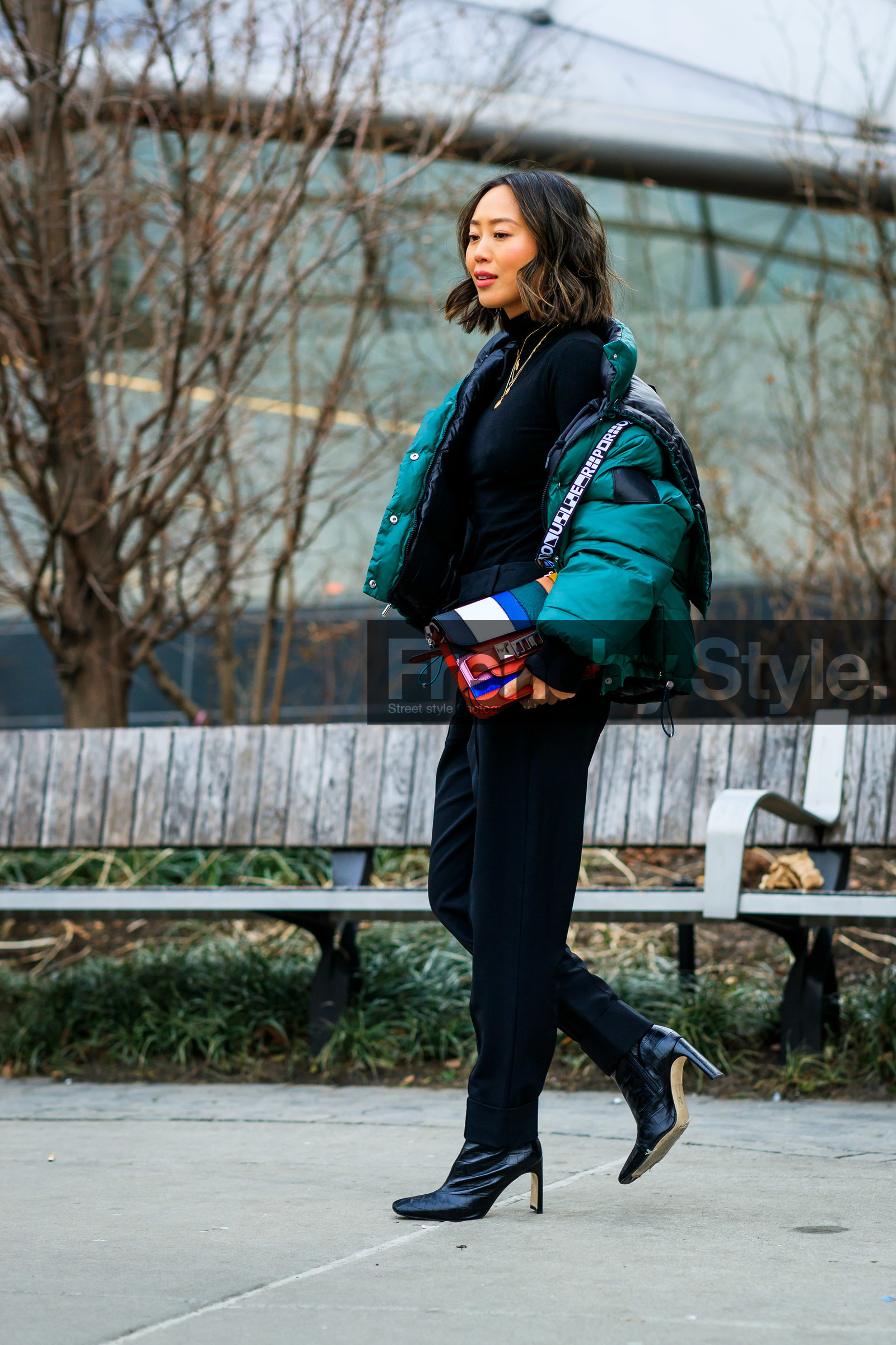 aimee song, black pants, black shoes, black sweater, down jacket, graphic bag, green jacket, high heels, leather bag, leather shoes, multicolor bag, necklace, off the shoulder, printed bag, proenza schouler, red lips, striped bag, trousers, turtleneck sweater, street style, jonathan paciullo, frenchystyle, NYFW, NEW YORK, AUTUMN WINTER 2019-2020, AW 19-20, FALL WINTER 2019-2020, FW 19-20, fashion week, FW, vertical, full length