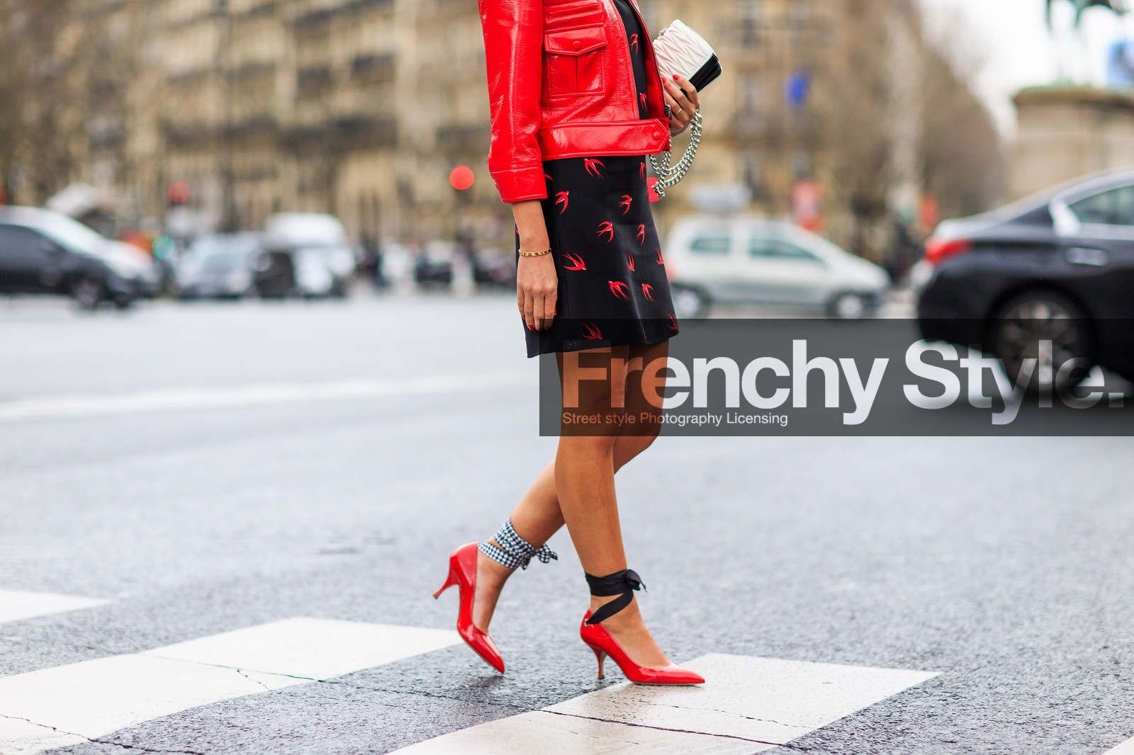 atmosphere details, AUTUMN WINTER 2016-2017, AW 16-17, black dress, detail, FALL WINTER 2016-2017, fashion week, frenchystyle, FW, FW 16-17, graphic shoes, high heels, horizontal, jonathan paciullo, lala rudge, leather bag, leather jacket, leather shoes, miu miu, PARIS, PFW, printed dress, red jacket, red shoes, street style, white bag