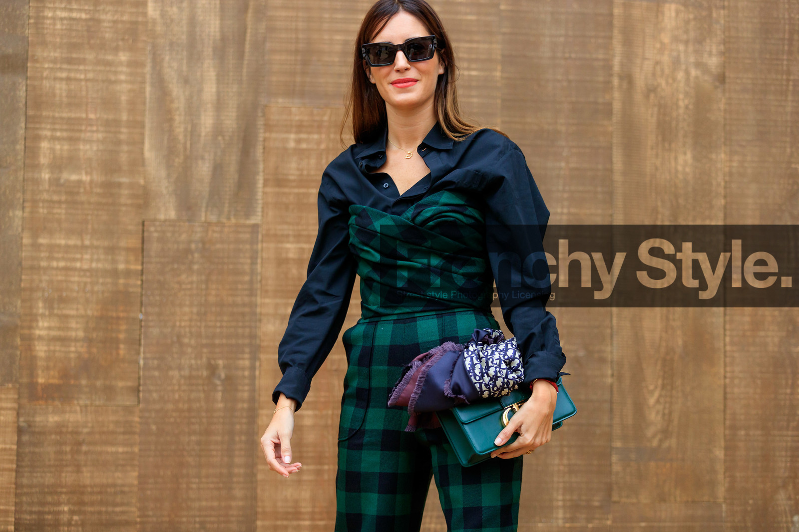 gala gonzalez, black sunglasses, square shape glasses, black shirt, black top, black pants, green top, green pants, checked pants, checked top, balloon sleeves, strapless top, silk scarf, monogrammed scarf, blue scarf, green leather bag, 30 montaigne bag, drape top, dior bag, dior pants, dior shirt, dior top, dior total look, fashion week, frenchystyle, FW, jonathan paciullo, street style, SPRING SUMMER 2020, SS 20, PFW, PARIS, horizontal, atmosphere details, detail