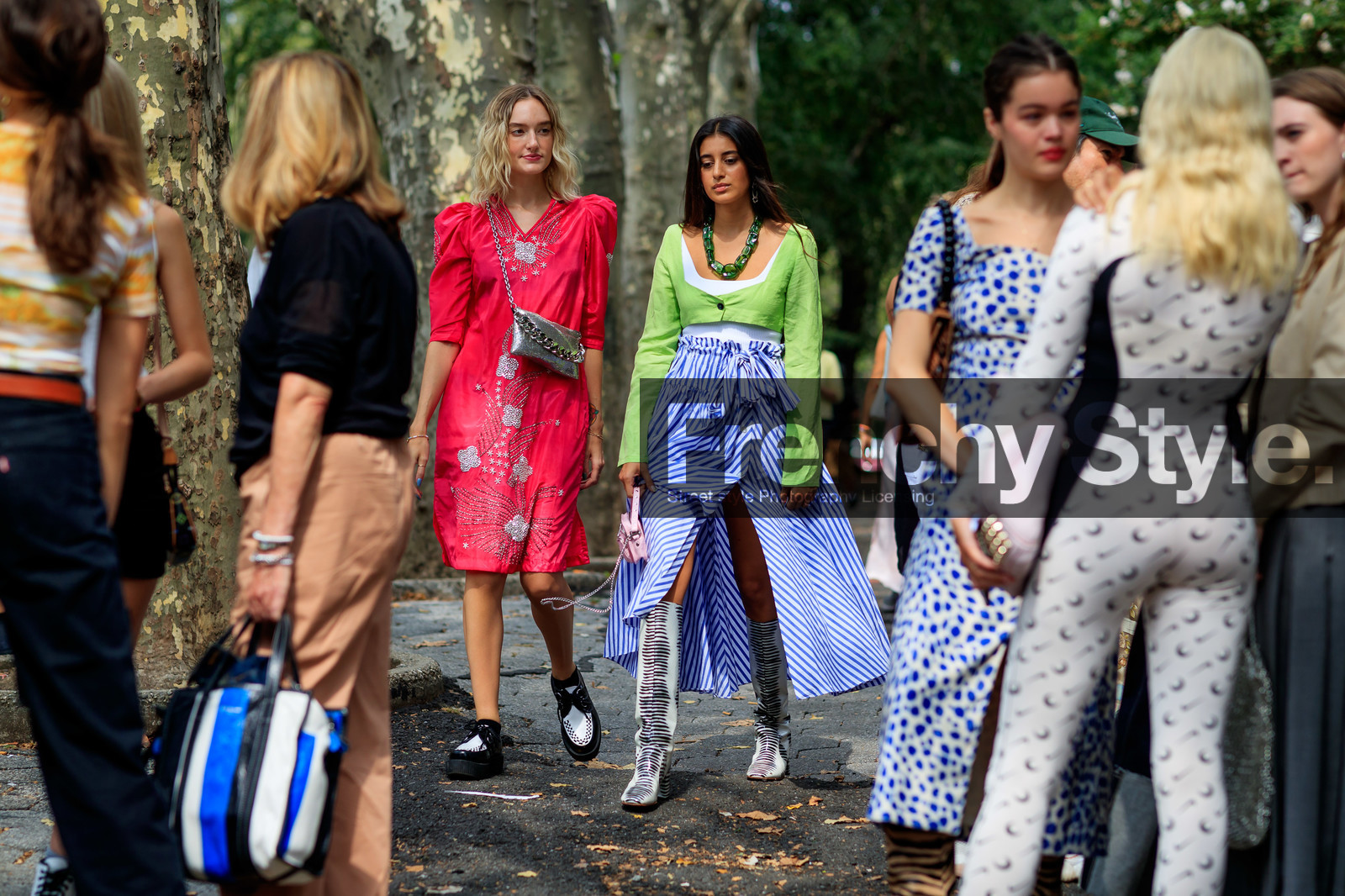 black and white shoes, blue skirt, crop top, floral, flowers, graphic dress, graphic skirt, green jacket, high boots, high heels, high waist, leather bag, leather shoes, necklace, pink bag, printed dress, printed skirt, red dress, sequined bag, shiny bag, silver bag, striped skirt, street style, jonathan paciullo, FW, frenchystyle, fashion week, NEW YORK, NYFW, SPRING SUMMER 2020, SS 20, horizontal, atmosphere details, detail