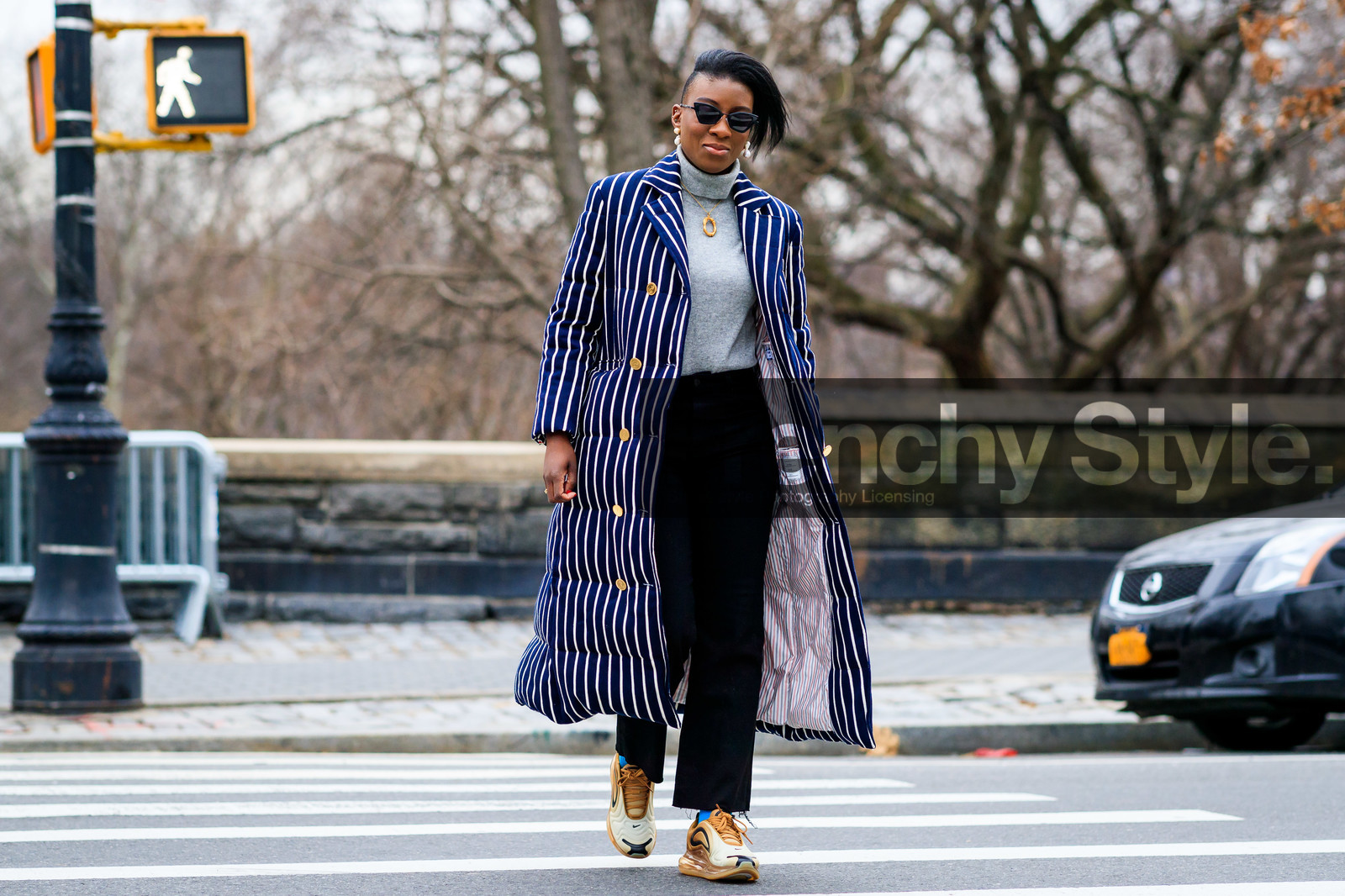 black pants, blue coat, brown sneakers, camel shoes, down jacket, graphic jacket, grey sweater, high heels, leather shoes, navy coat, necklace, nike, printed jacket, stripes, sunglasses, trousers, turtleneck sweater, street style, jonathan paciullo, frenchystyle, NYFW, NEW YORK, AUTUMN WINTER 2019-2020, AW 19-20, FALL WINTER 2019-2020, FW 19-20, FW, fashion week, atmosphere details, horizontal, full length