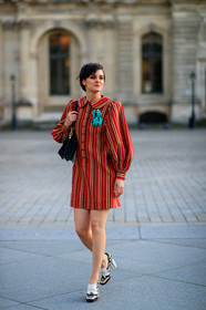 red dress, button dress, striped dress, beige dress, brown dress, mini dress, white leather loafers, beige leather loafers, black leather loafers, high heels loafers, louis vuitton shoes, long sleeves dress, balloon sleeves, louis vuitton dress, fashion week, frenchystyle, FW, jonathan paciullo, street style, PFW, PARIS, vertical, full length