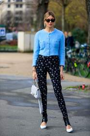 camille charriere, light blue cardigan, mohair cardigan, button cardigan, strassed cardigan, strassed pants, black pants, tight pants, rayban sunglasses, white leather bag, quilted bag, hand bag, white polish boots, black polish boots, bicolor boots, low boots, openwork boots, strassed earrings, round shape earrings, logo earrings, chanel bag, chanel cardigan, chanel boots, chanel pants, chanel earrings, fashion week, frenchystyle, FW, jonathan paciullo, street style, PFW, PARIS, vertical, full length