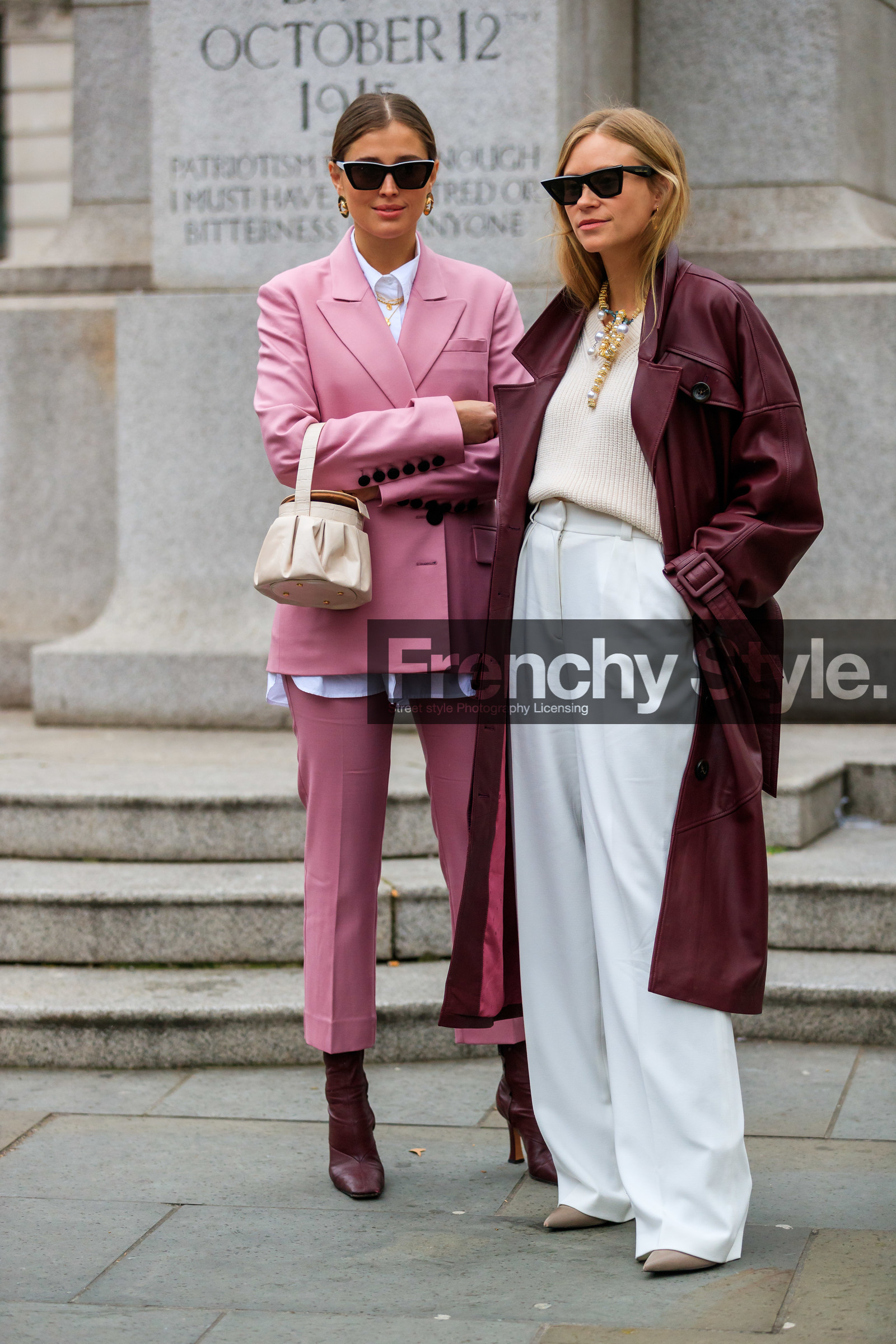 blazer, bordeaux, burgundy, céline, high heels, leather bag, leather coat, leather shoes, necklace, pink jacket, pink pants, pink suit, red boots, red coat, sunglasses, trousers, white bag, white knit, white pants, white shirt, white sweater, LONDON, LFW, fashion week, frenchystyle, FW, jonathan paciullo, street style, AUTUMN WINTER 2019-2020, AW 19-20, FW 19-20, FALL WINTER 2019-2020, vertical, full length