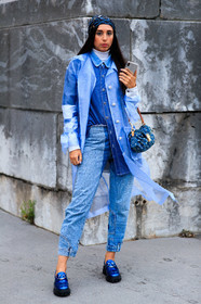 gabriella berdugo, blue scarf, blue jacket, blue jeans, blue shirt, blue bag, blue total look, denim, denim shirt, denim bag, denim total look, chain printed scarf, hair scarf, monogrammed bag, louis vuitton bag, organza jacket, sheer jacket, patchwork jeans, cropped jeans, blue loafers, polish loafers, big sole loafers, fashion week, frenchystyle, FW, jonathan paciullo, street style, PFW, PARIS, SPRING SUMMER 2021, SS 21, vertical, full length