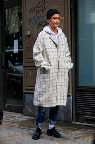black beanie, black shoes, black sneakers, blue denim, checked, denim pants, graphic jacket, hoodie, jeans, leather shoes, plaid, printed jacket, trousers, white coat, white sneakers, street style, jonathan paciullo, FW, frenchystyle, fashion week, PFW, PARIS, AUTUMN WINTER 2018-2019, FALL WINTER 2018-2019, FW 18-19, vertical, full length