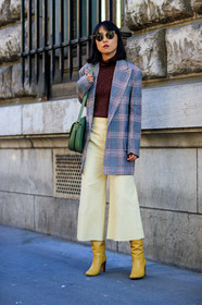 beige pants, blazer, checked jacket, céline, fashion week, frenchystyle, full length, FW, graphic jacket, green bag, grey jacket, high heels, jonathan paciullo, leather bag, leather shoes, miyuki uesugi, PARIS, PFW, plaid, printed jacket, SPRING SUMMER 2017, SS 17, street style, sunglasses, tartan, trousers, vertical, yellow boots, yellow pants
