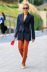 eleonora carisi, navy blue jacket, striped jacket, orange leather pants, flare pants, scale sunglasses, butterfly sunglasses, fashion week, frenchystyle, FW, jonathan paciullo, street style, vertical, full length, MFW, MILAN, SPRING SUMMER 2020, SS 20