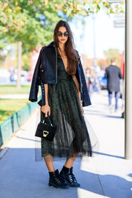 black bag, black boots, black jacket, black perfecto, fashion week, frenchystyle, full length, FW, green dress, jonathan paciullo, leather bag, leather jacket, leather perfecto, leather shoes, over the shoulder, PARIS, PFW, Sara Nicole Rossetto, shiny dress, SPRING SUMMER 2017, SS 17, street style, sunglasses, vertical