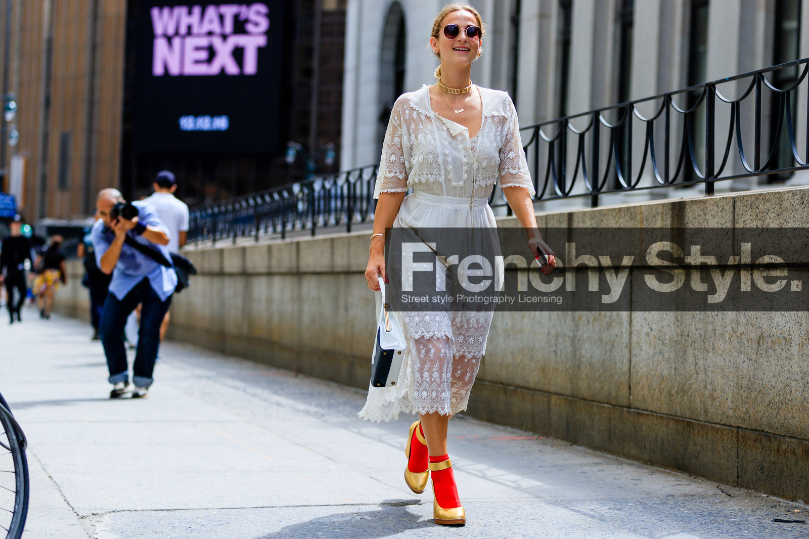 annie georgia greenberg, atmosphere details, black and white bag, fashion week, frenchystyle, full length, FW, golden shoes, horizontal, jonathan paciullo, lace dress, leather bag, leather shoes, NEW YORK, NYFW, red socks, shiny shoes, SPRING SUMMER 2017, SS 17, street style, sunglasses, white dress, woman