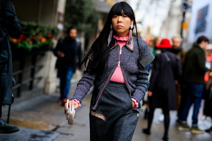 earrings, embroidered jacket, glitter, grey jacket, grey skirt, pink sweater, susie lau, LONDON, LFW, fashion week, frenchystyle, FW, jonathan paciullo, street style, AUTUMN WINTER 2019-2020, AW 19-20, FW 19-20, FALL WINTER 2019-2020, horizontal, atmosphere details, detail