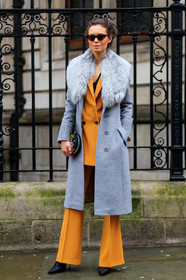 black shoes, fur collar, grey coat, high heels, leather bag, leather shoes, sunglasses, trousers, yellow jacket, yellow pants, yellow suit, street style, jonathan paciullo, FW, frenchystyle, fashion week, LFW, LONDON, AUTUMN WINTER 2018-2019, AW 18-19, FALL WINTER 2018-2019, FW 18-19, vertical, full length