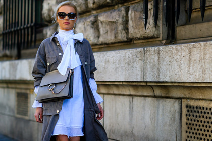 atmosphere details, bow collar, caroline daur, chloe, denim coat, detail, fashion week, frenchystyle, FW, grey bag, grey coat, grey denim, horizontal, jonathan paciullo, leather bag, long coat, PARIS, PFW, SPRING SUMMER 2017, SS 17, street style, sunglasses, white dress
