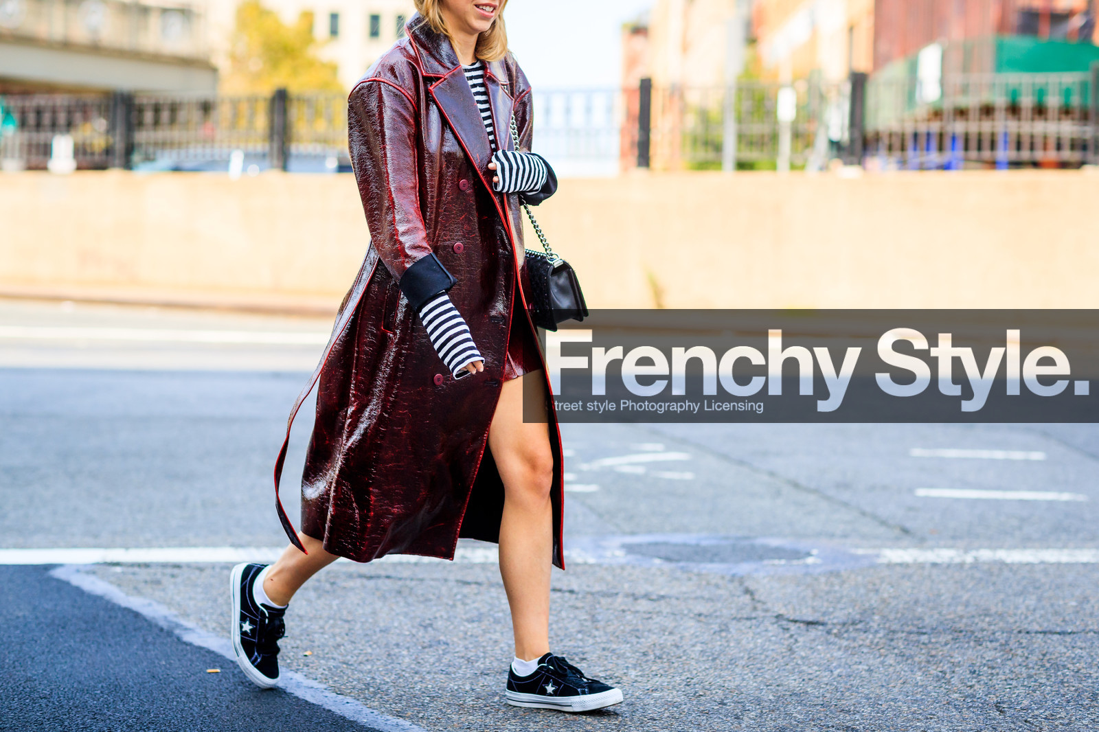 atmosphere details, black bag, black shoes, boy bag, chanel, chloe king, converse, detail, fashion week, frenchystyle, FW, horizontal, jonathan paciullo, leather bag, leather coat, leather shoes, NEW YORK, NYFW, red coat, SPRING SUMMER 2018, SS 18, street style, striped sweater
