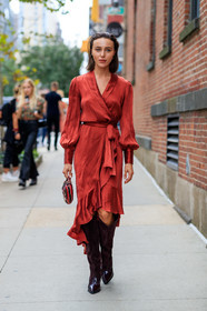 black boots, fendi, high boots, high heels, leather bag, leather shoes, mary leest, monogram, pulled back hair, red bag, red dress, street style, jonathan paciullo, FW, frenchystyle, fashion week, NEW YORK, NYFW, SPRING SUMMER 2020, SS 20, vertical, full length