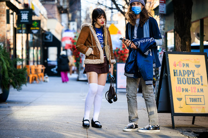 school girl style, high knee white socks, black derbies, mini brozn skirt, blue tshirt print, brown furry jacket, mini brown bag, blue converse, blue knitted striped beanie, fashion week, frenchystyle, FW, jonathan paciullo, street style, NYFW, NEW YORK, AUTUMN WINTER 2022-2023, FALL WINTER 2022_2023, FW 22-23, atmosphere details, horizontal, full length