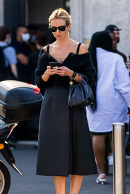 bag, black bag, black cardigan, black knit, black sunglasses, grey skirt, leather bag, leather sandals, Lisa Aiken, prada skirt, skirt, split skirt, sunglasses, wool cardigan, wool skirt, fashion week, frenchystyle, FW, jonathan paciullo, street style, SPRING SUMMER 2022, SS 22, MFW, MILAN, vertical, atmosphere details