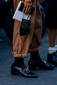 black loafers, black socks, facial mask, leather loafers, mocassins, rolled up hem, fashion week, frenchystyle, FW, jonathan paciullo, street style, MFW, MILAN, SPRING SUMMER 2022, SS 22, vertical, atmosphere details, detail