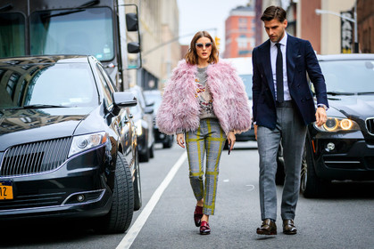 black tie, blue jacket, bordeaux, burgundy, checked, checked pants, fur jacket, graphic pants, grey pants, grey sweater, leather shoes, pink fur, pink jacket, plaid, printed pants, printed sweater, red shoes, sunglasses, trousers, white shirt, street style, jonathan paciullo, FW, frenchystyle, fashion week, NYFW, NEW YORK, AUTUMN WINTER 2018-2019, AW 18-19, FALL WINTER 2018-2019, FW 18-19, atmosphere details, horizontal, full length, olivia palermo