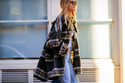 blue denim, checked, denim pants, graphic jacket, green jacket, jeans, plaid, printed jacket, sunglasses, trousers, fashion week, frenchystyle, FW, jonathan paciullo, street style, LFW, LONDON, AUTUMN WINTER 2018-2019, AW 18-19, FALL WINTER 2018-2019, FW 18-19, horizontal, atmosphere details, detail, pernille teisbaek
